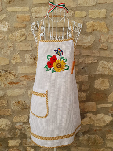 Kitchen Apron Cream Honeycomb Poppies and Sunflower