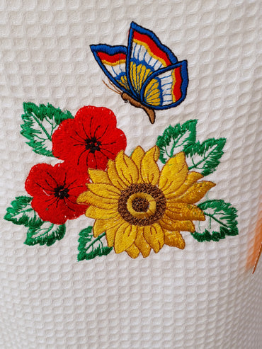 Kitchen Apron Cream Honeycomb Poppies and Sunflower