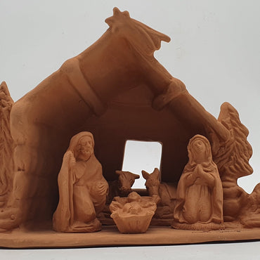Terracotta Nativity Scene with Cave Hut and Trees 5 Pieces cm 7