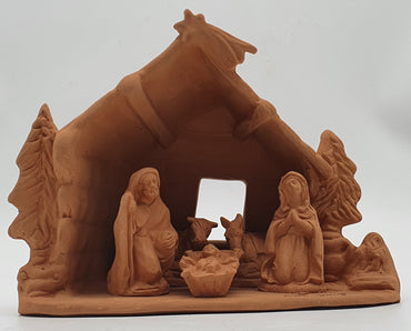 Terracotta Nativity Scene with Cave Hut and Trees 5 Pieces cm 7