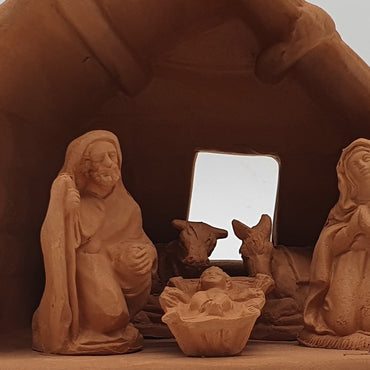 Terracotta Nativity Scene with Cave Hut and Trees 5 Pieces cm 7