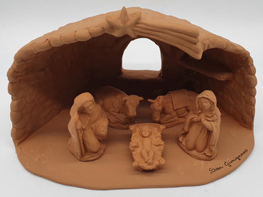 Terracotta Nativity Scene with Cave Hut 5 Pieces cm 7