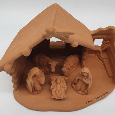 Terracotta Nativity Scene with Pointed Hut 5 Pieces cm 7