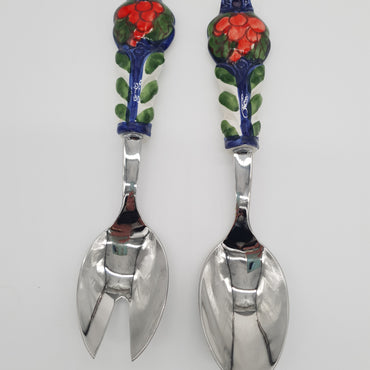 Red Grape Salad Cutlery Blue Background Steel and Ceramic