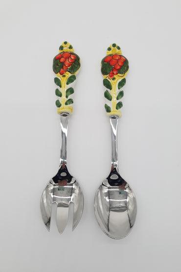 Red Grape Salad Cutlery Yellow Background Steel and Ceramic