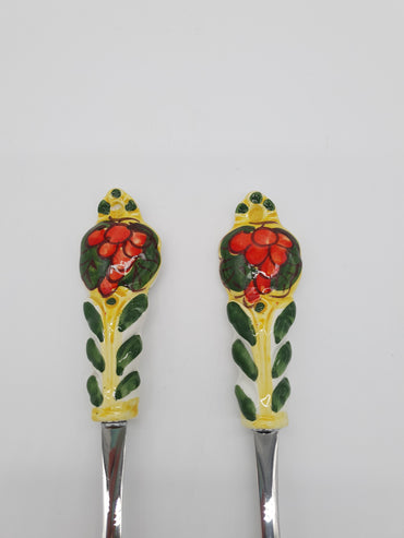Red Grape Salad Cutlery Yellow Background Steel and Ceramic