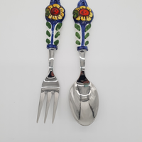 Coppia Posate per Servire Carne Girasole Fondo Blu Acciaio e Ceramica