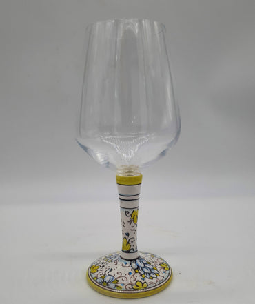 Wine Glass Ceramic and Glass Blue Flowers Green Edge