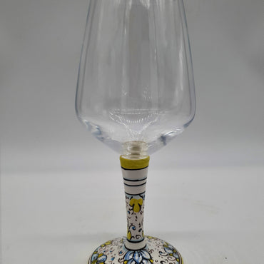 Wine Glass Ceramic and Glass Blue Flowers Green Edge