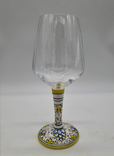 Wine Glass Ceramic and Glass Blue Flowers Green Edge