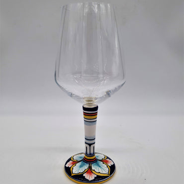 Wine Glass Ceramic and Glass Blue and Red Leaves