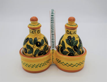 Set Oil Vinegar Olive Decoration Yellow Background