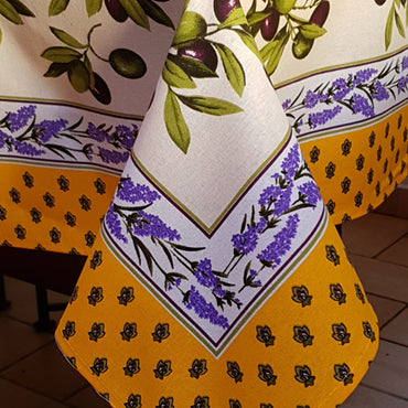 Provencal Olive Tablecloth Yellow and Ivory Background