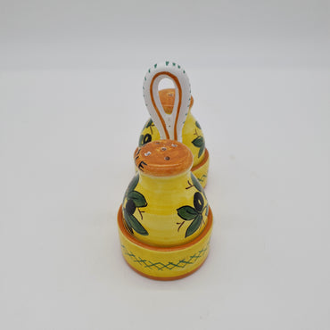 Salt and Pepper Set with Olive Decoration Yellow Background