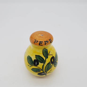 Salt and Pepper Set with Olive Decoration Yellow Background