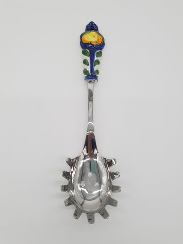 Lemon Spaghetti Servers Blue Background Steel and Ceramic