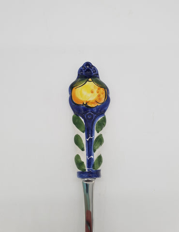 Lemon Spaghetti Servers Blue Background Steel and Ceramic