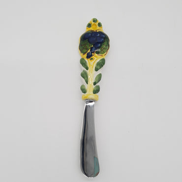 Coltello Spalma Burro Decoro Uva Blu Fondo Giallo Acciaio e Ceramica