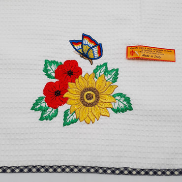 Rectangular Tea Towel Sunflowers and Poppies Cream