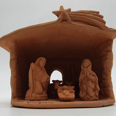 Terracotta Nativity Scene with Hut 5 Pieces cm 6