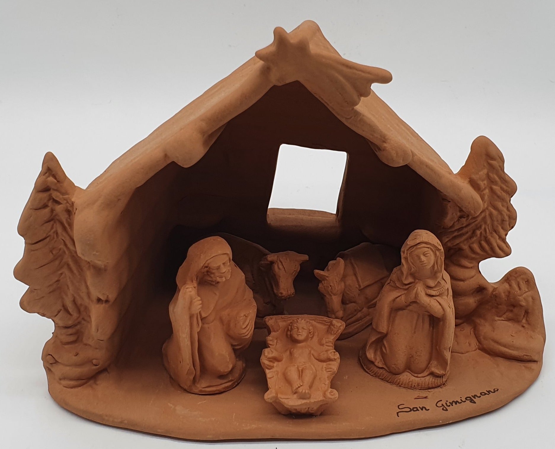 Terracotta Nativity Scene with Cave Hut and Trees 5 Pieces cm 7