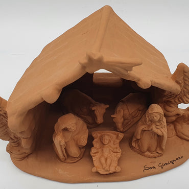Terracotta Nativity Scene with Cave Hut and Trees 5 Pieces cm 7