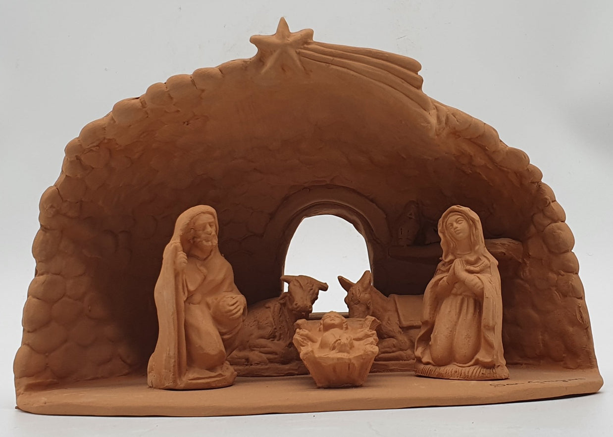 Presepe Terracotta Con Capanna Grotta 5 Pezzi cm 7