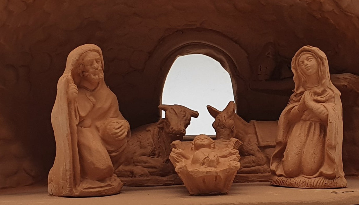 Presepe Terracotta Con Capanna Grotta 5 Pezzi cm 7