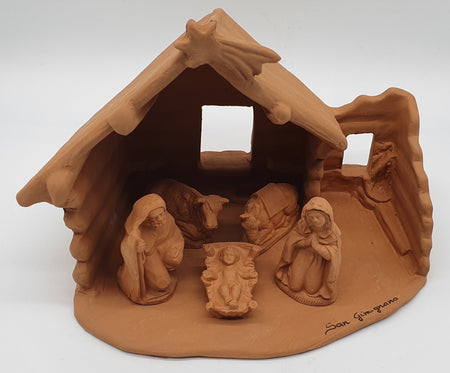Terracotta Nativity Scene with Pointed Hut 5 Pieces cm 7