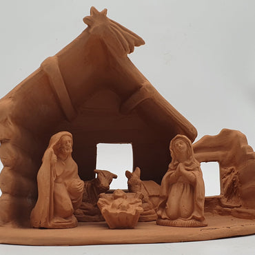 Terracotta Nativity Scene with Pointed Hut 5 Pieces cm 7