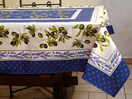 Provencal Olive Tablecloth Blue and Ivory Background