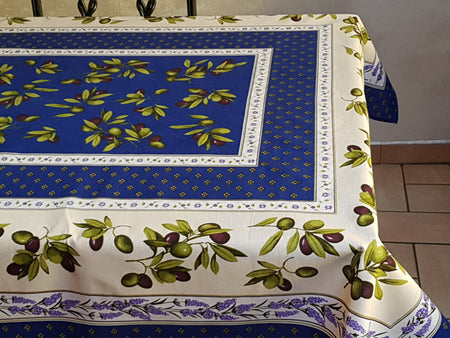 Provencal Olive Tablecloth Blue and Ivory Background