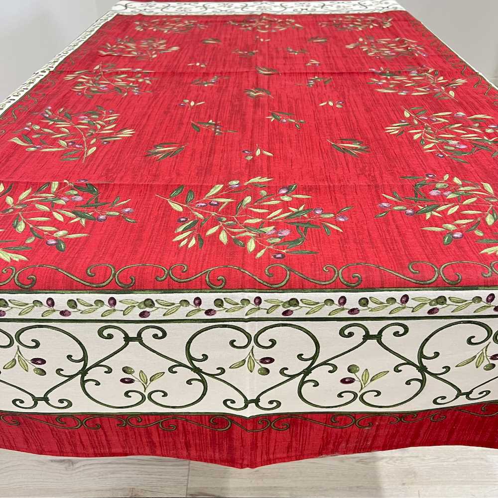 Tovaglia Provenzale Olive Fondo Rosso Bianco