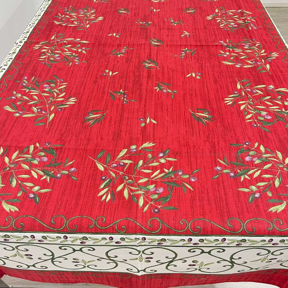 Provencal Tablecloth Olive Red Ivory Background