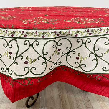 Provencal Tablecloth Olive Red Ivory Background