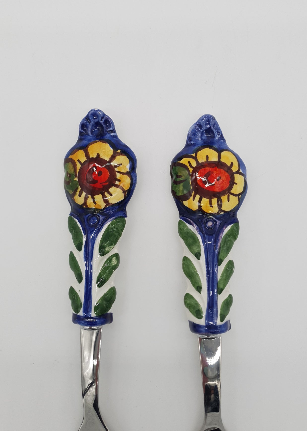 Coppia Posate per Servire Carne Girasole Fondo Blu Acciaio e Ceramica
