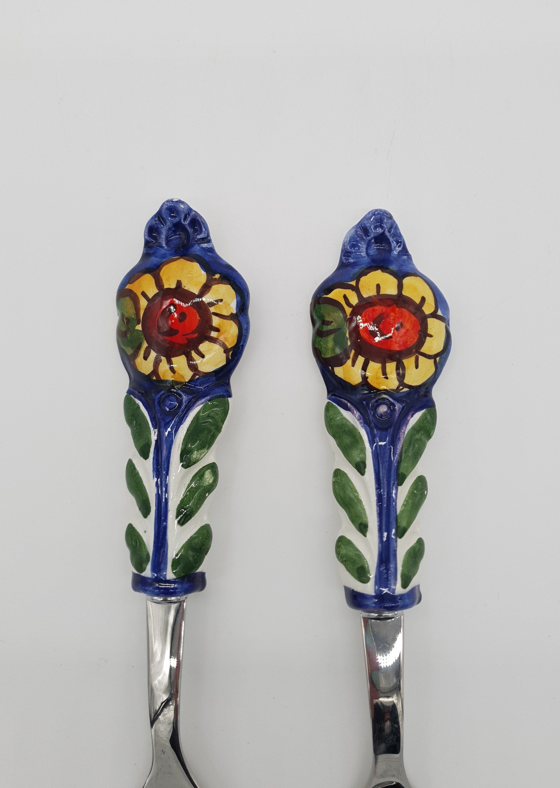 Coppia Posate per Servire Carne Girasole Fondo Blu Acciaio e Ceramica