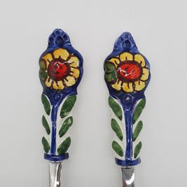 Coppia Posate per Servire Carne Girasole Fondo Blu Acciaio e Ceramica