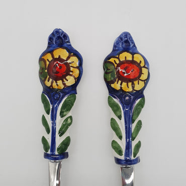 Pair of Cutlery for Serving Meat Sunflower Blue Background Steel and Ceramic