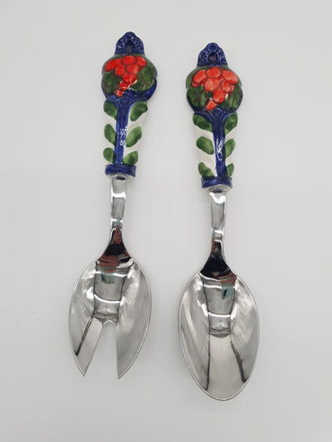 Posate per Insalata Uva Rossa Fondo Blu Acciaio e Ceramica