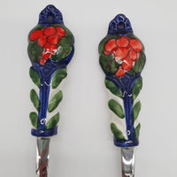 Red Grape Salad Cutlery Blue Background Steel and Ceramic