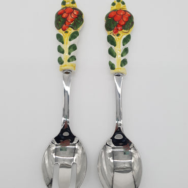 Red Grape Salad Cutlery Yellow Background Steel and Ceramic