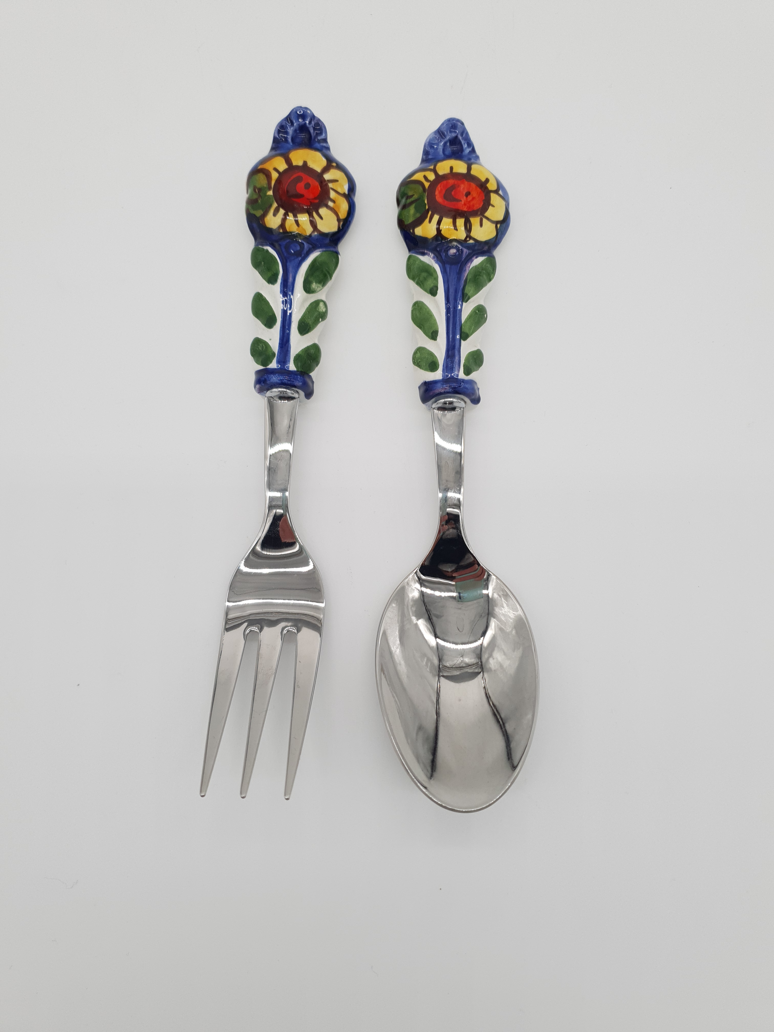 Coppia Posate per Servire Carne Girasole Fondo Blu Acciaio e Ceramica