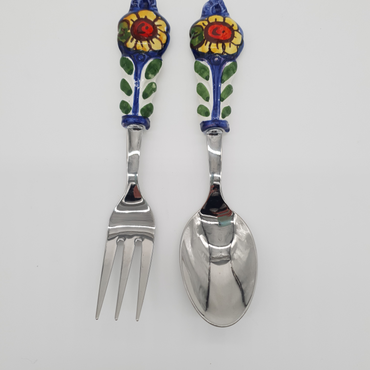 Pair of Cutlery for Serving Meat Sunflower Blue Background Steel and Ceramic