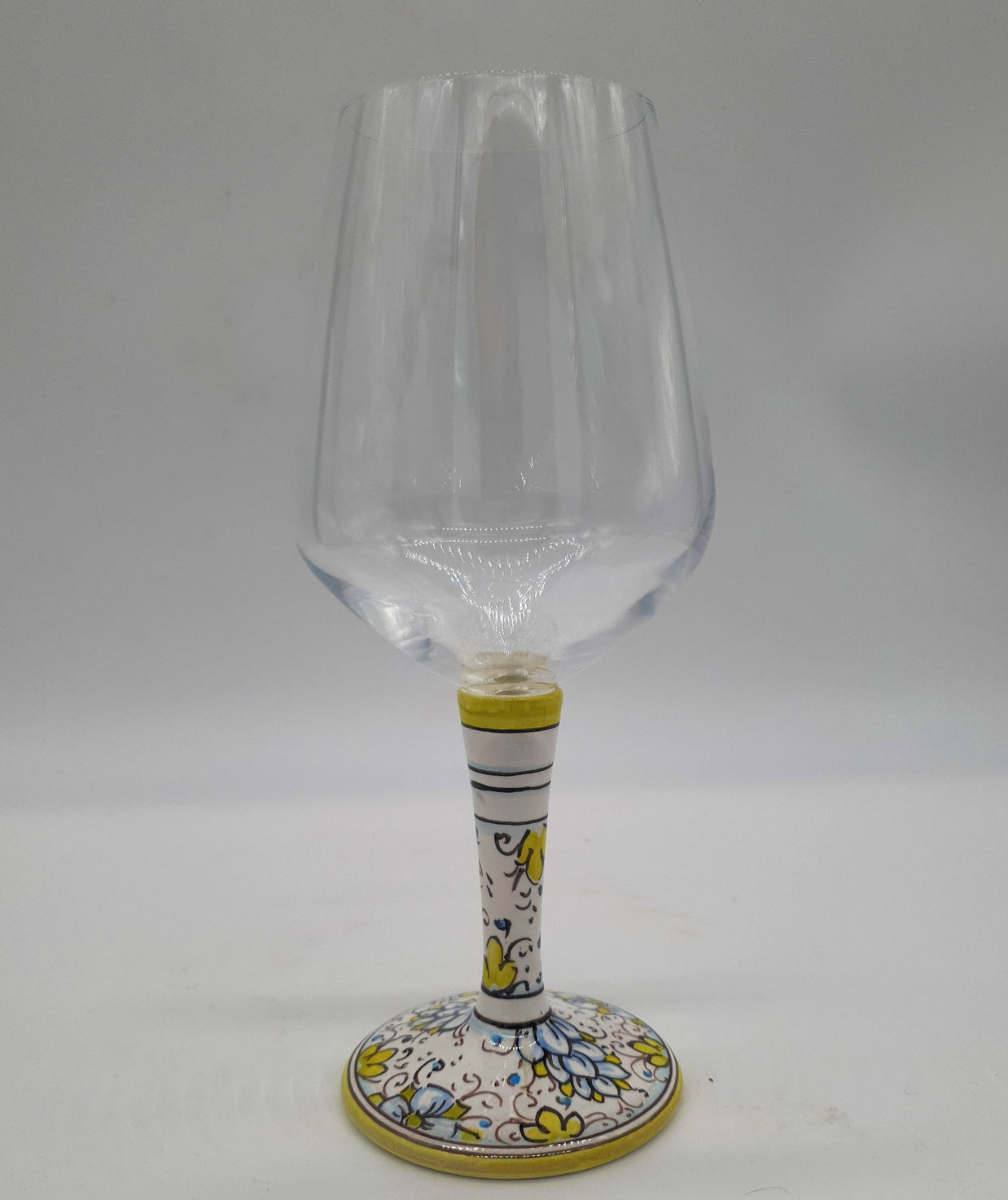 Wine Glass Ceramic and Glass Blue Flowers Green Edge