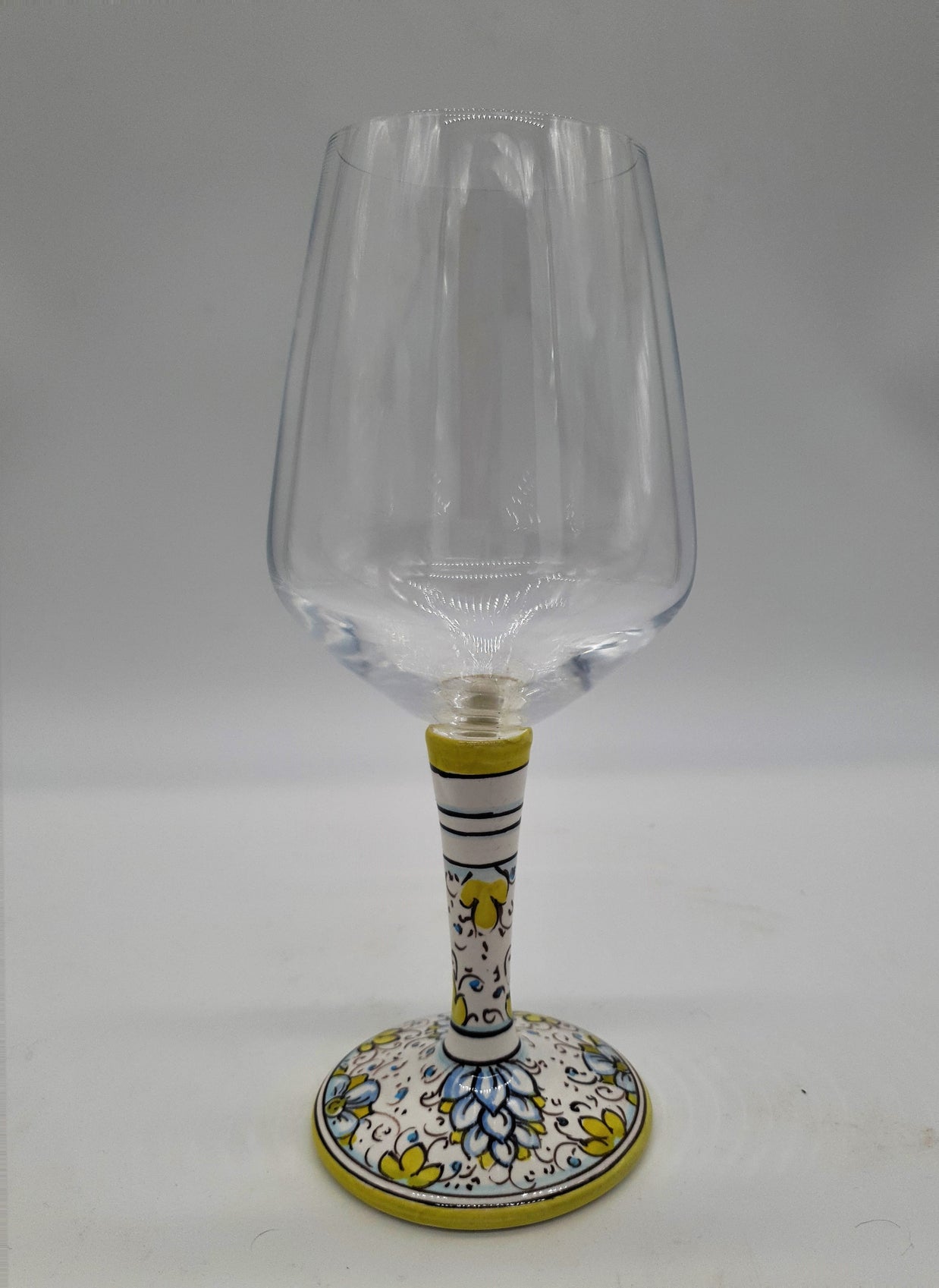 Wine Glass Ceramic and Glass Blue Flowers Green Edge