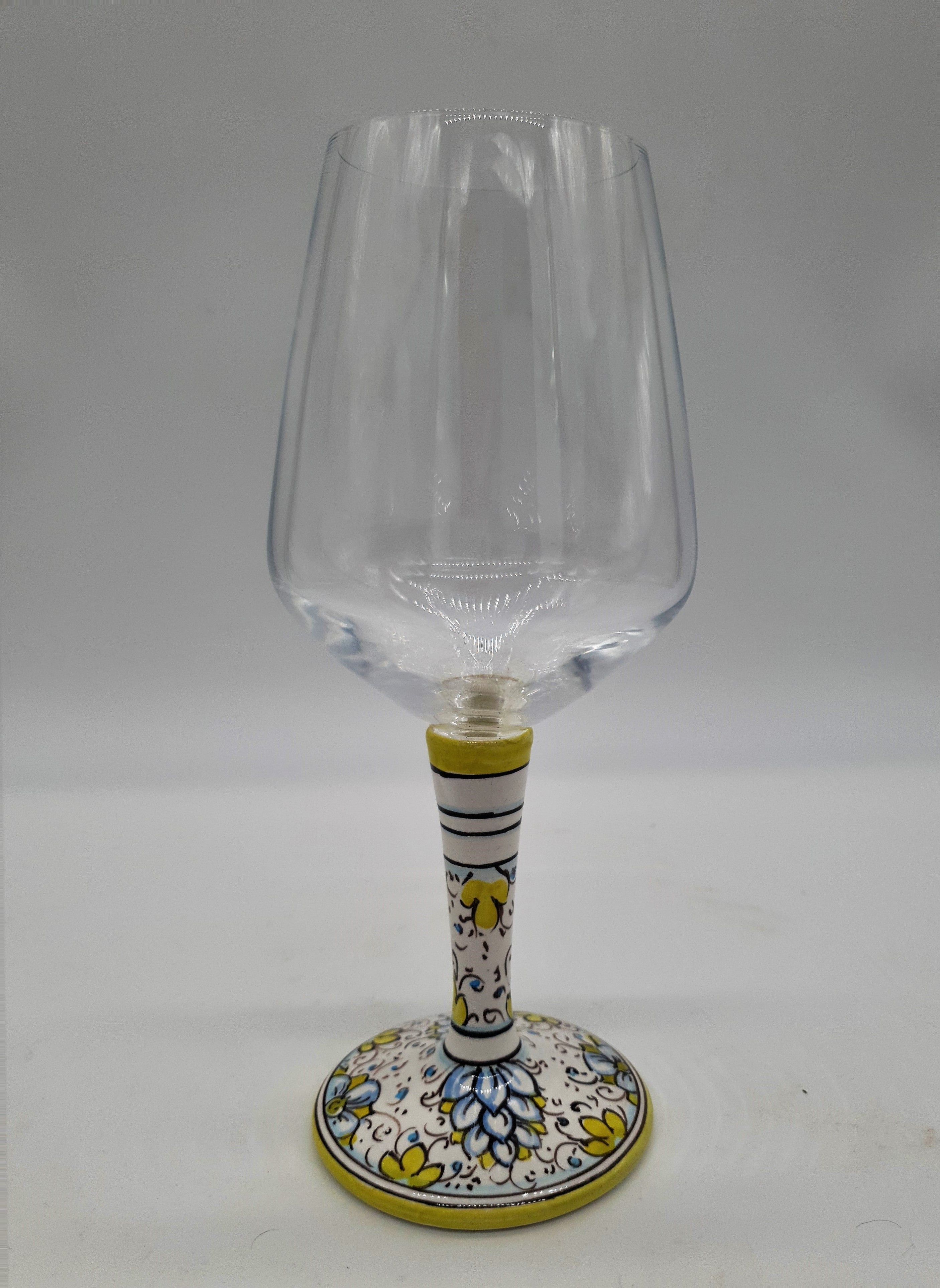 Wine Glass Ceramic and Glass Blue Flowers Green Edge
