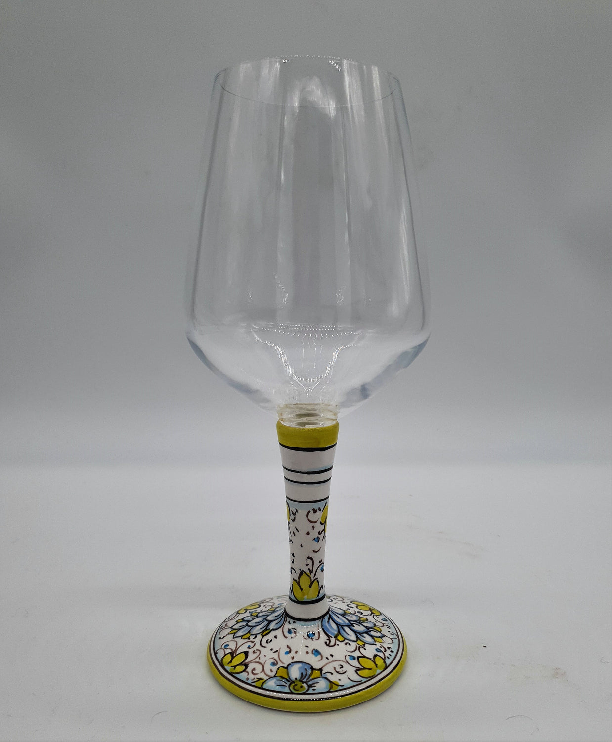 Wine Glass Ceramic and Glass Blue Flowers Green Edge