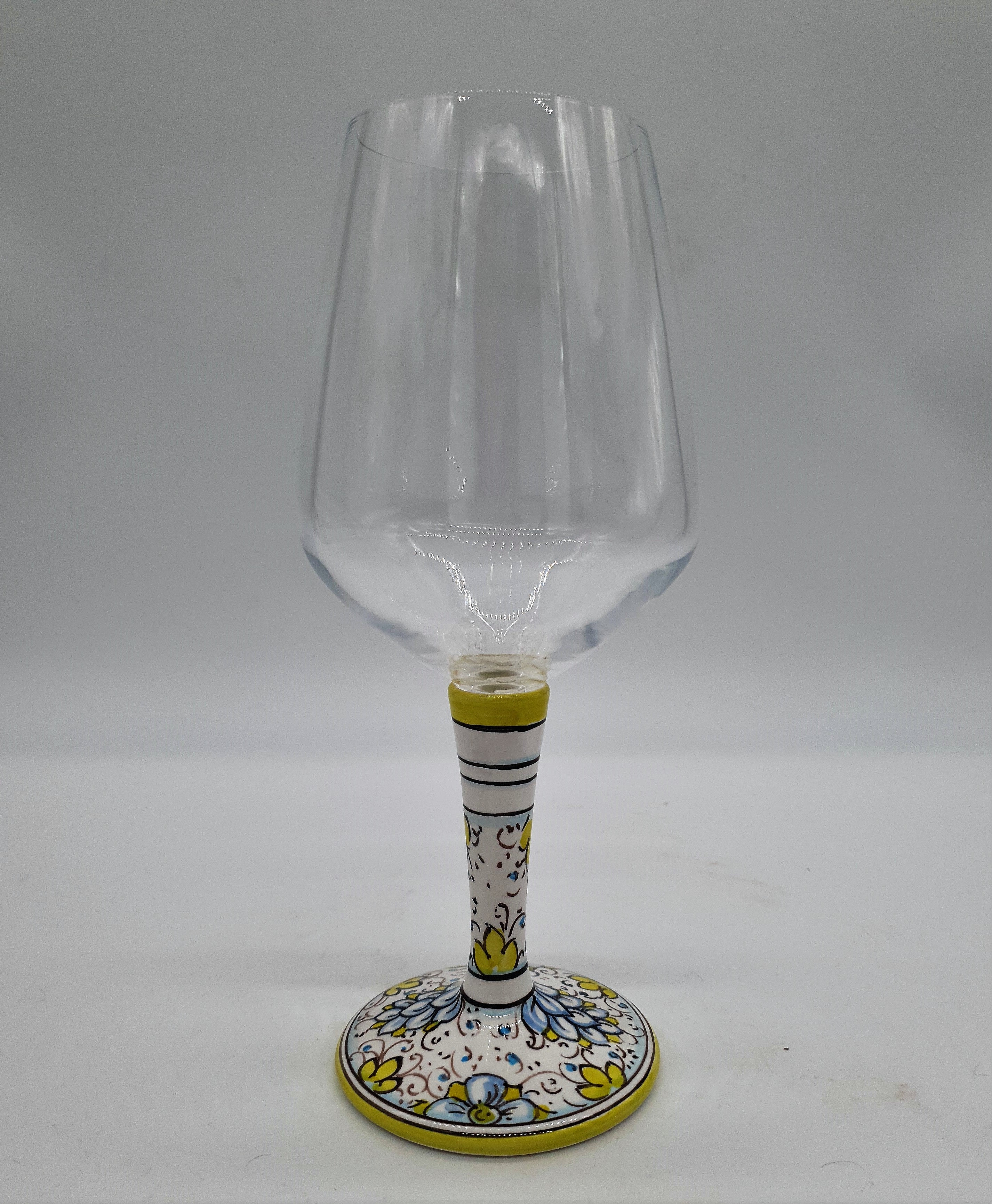 Wine Glass Ceramic and Glass Blue Flowers Green Edge