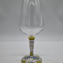Wine Glass Ceramic and Glass Blue Flowers Green Edge